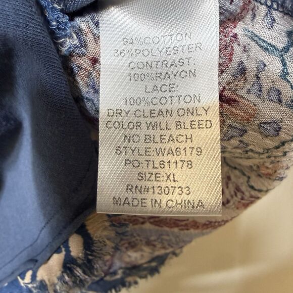 UMGEE Blue Cream Multi BOHO PRINTs Knit Fringe Lace Trim Top XL - Picture 4 of 5